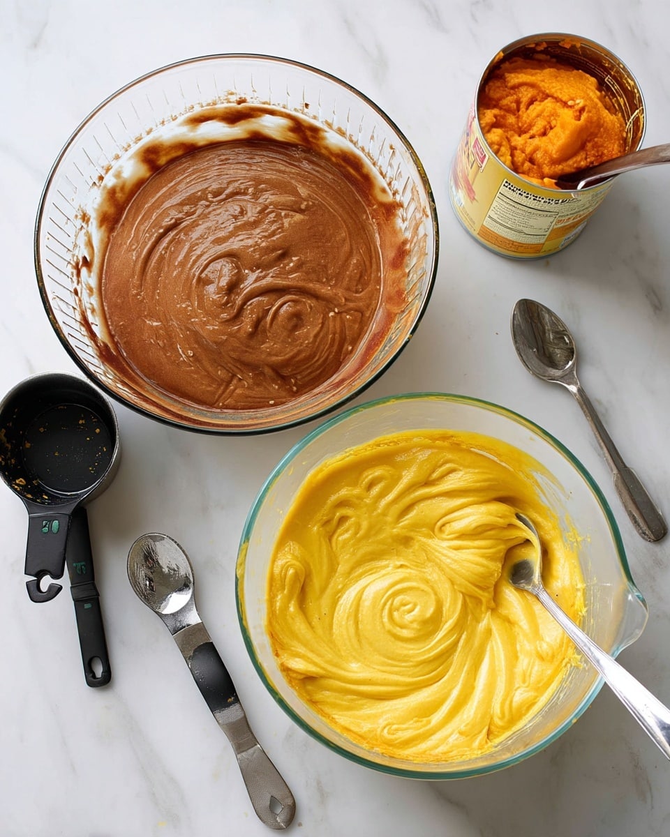 The image shows two glass bowls on a white marbled surface, one with smooth brown batter filled to about three-quarters, the other with thick yellow batter swirled in the center and filled almost to the top. Near the bowls are two black measuring cups with some orange residue on them and two silver spoons with batter marks nearby. To the upper right, there is a partially open can of orange puree with a spoon inside. photo taken with an iphone --ar 4:5 --v 7