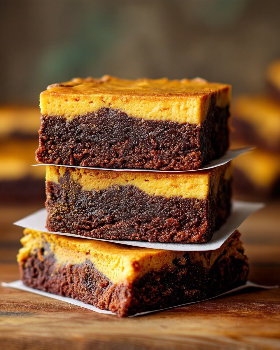 The image shows a stack of three square brownies, each separated by a thin white paper layer. Each brownie has two layers: a bottom dark brown, dense, slightly crumbly chocolate layer, and a top light orange-yellow, smooth, creamy layer. The stack is placed on a wooden surface with a blurred background, emphasizing the rich texture and colors of the brownies. The scene has soft lighting that highlights the contrast between the dark and light layers. Photo taken with an iphone --ar 4:5 --v 7