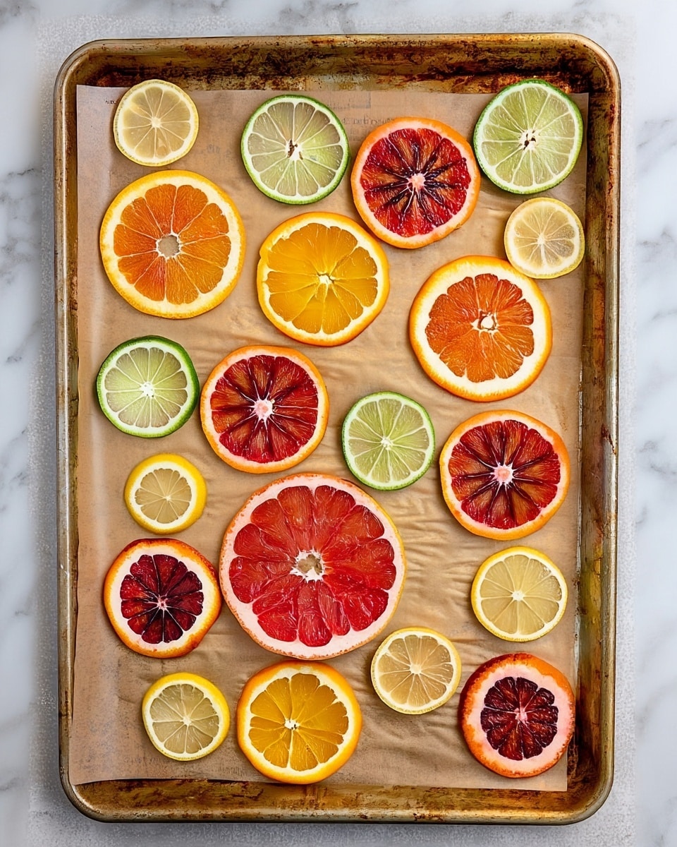 The image shows a baking sheet lined with light brown parchment paper, placed on a white marbled surface. On the sheet, there are 18 slices of citrus fruits arranged in a scattered pattern. The slices include a large pink grapefruit with a textured, segmented center, 5 medium orange slices with bright, juicy segments and a light orange peel, 5 green lime slices showing a pale green juicy interior and textured rind, 5 yellow lemon slices with translucent pale yellow flesh and a thin yellow rind, and 2 smaller deep red blood orange slices with a darker red, almost purple center and bright orange peel. The slices vary in size and color intensity, creating a colorful and fresh appearance. Photo taken with an iphone --ar 4:5 --v 7