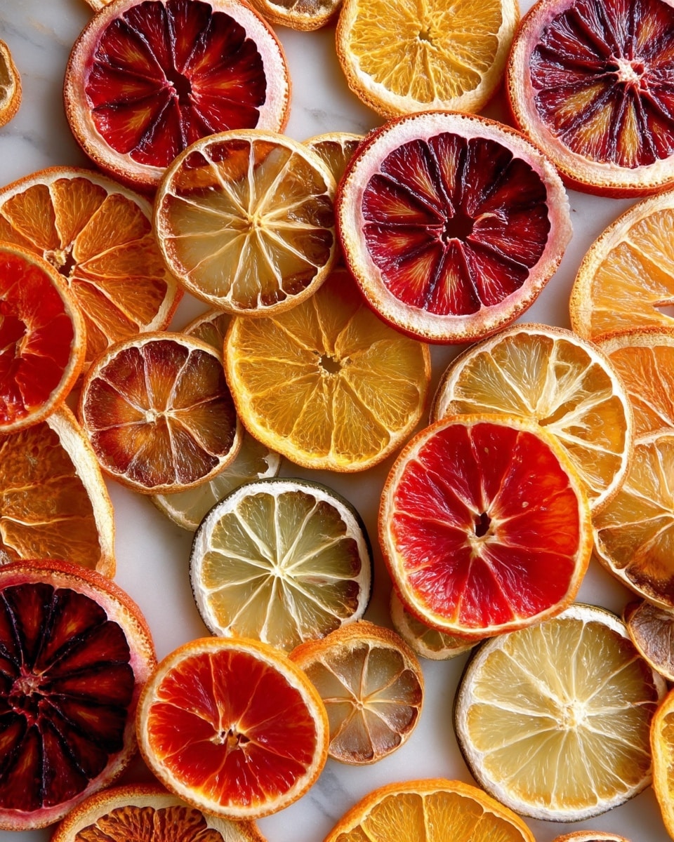 The image shows many thin slices of dried citrus fruits spread over a white marbled surface. There are three main types of slices: deep red blood oranges with a slightly wrinkled texture; bright orange oranges with a rough, dry surface and clear segment lines; and pale beige lemon slices that are smaller with a translucent look and delicate veins. The slices overlap and create a colorful, textured mix that fills the whole frame. photo taken with an iphone --ar 4:5 --v 7