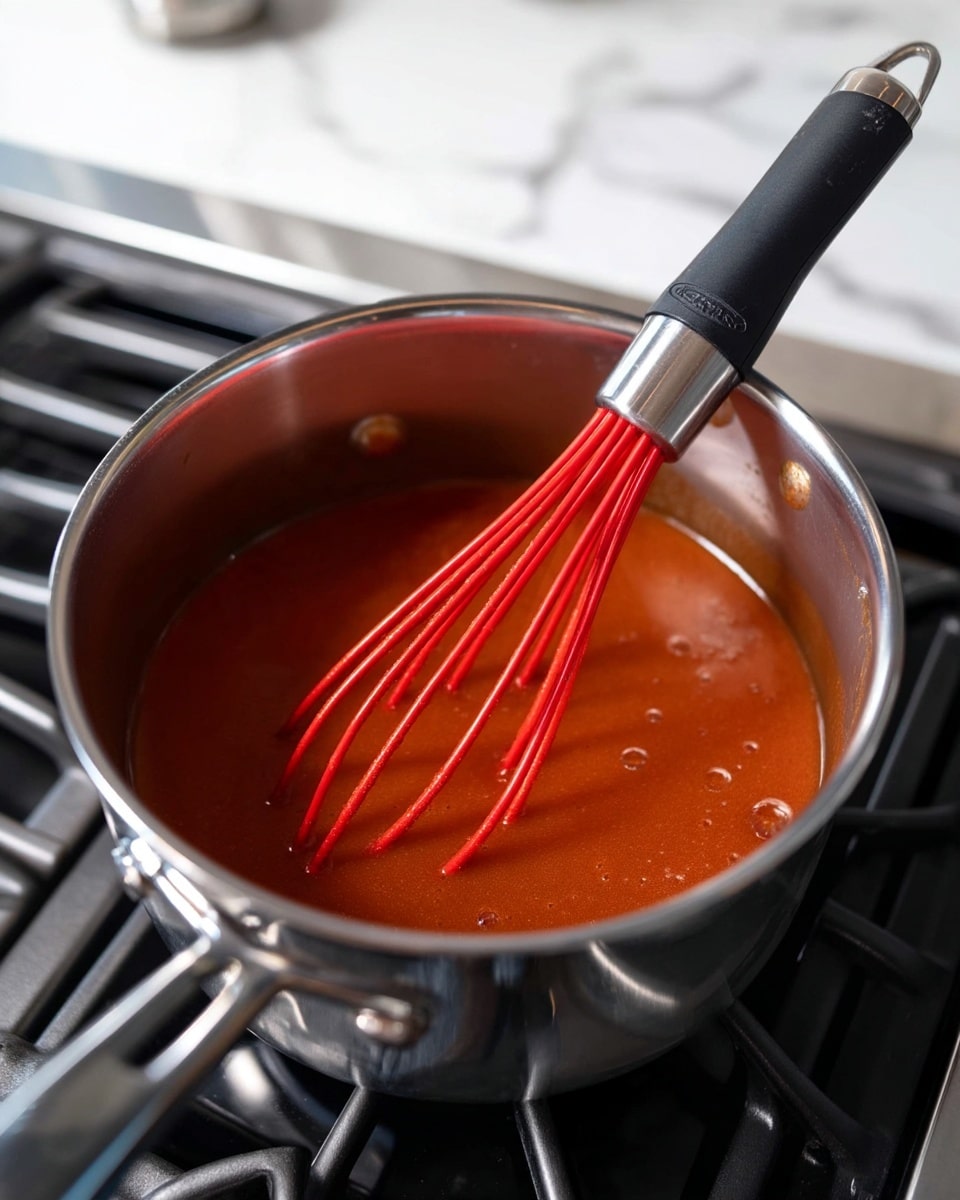 A close-up view of a metal pot filled with smooth, thick reddish-brown sauce being stirred by a red silicone whisk with a black and silver handle. The sauce has a shiny surface with small bubbles scattered across it. The pot is placed on a stove with black grates visible below. The background shows parts of the stove and kitchen, with the surface changed to a white marbled texture. photo taken with an iphone --ar 4:5 --v 7