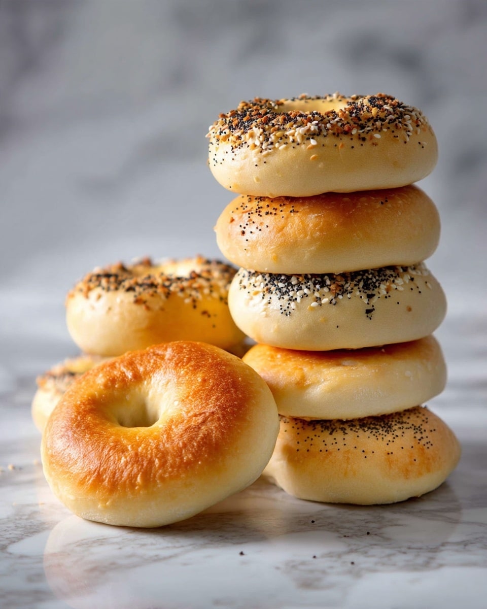 The image shows a pile of soft bagels on a white marbled surface. There are six bagels stacked, the top ones sprinkled with sesame seeds and poppy seeds. In front of the stack, one bagel is whole with a smooth, golden-brown crust. On top of this bagel, a half bagel is placed, showing its light, fluffy inside and topped with poppy seeds on its crust. The background has a soft focus, highlighting the textures of the bagels. Photo taken with an iphone --ar 4:5 --v 7