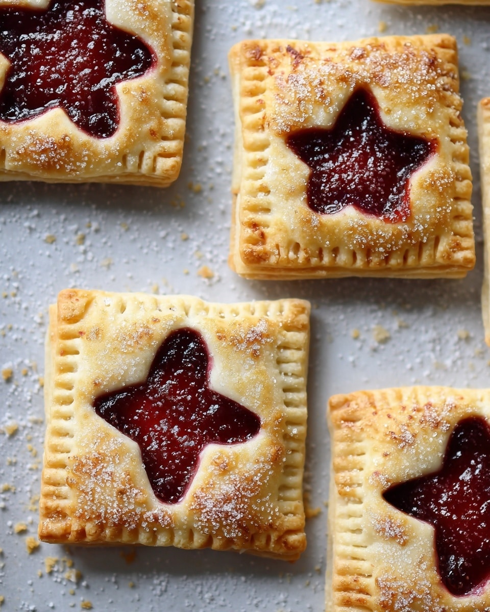 The image shows a close-up of four square-shaped pastries placed on a baking sheet with a white marbled texture background. Each pastry has a light golden-brown crust with a slightly rough texture, and the edges are crimped with fork marks. In the center of each square is a star-shaped cutout filled with a dark red jam, which looks thick and glossy. The pastries have a lightly sprinkled sugar coating on top, adding a slight sparkle to the surface. The photo has natural lighting that enhances the warm tones of the crust and the deep color of the jam. photo taken with an iphone --ar 4:5 --v 7