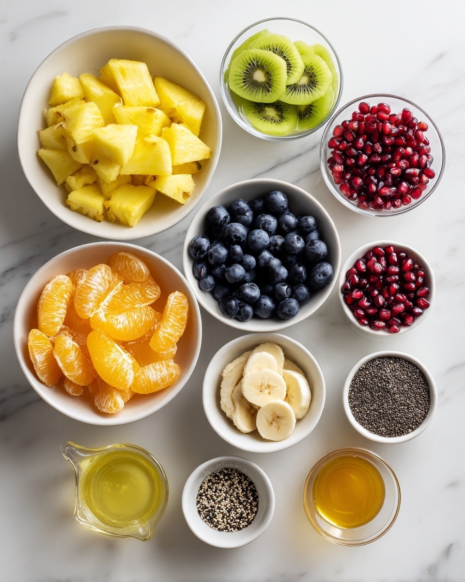 Top-down professional food photography, flat lay style, bright white marble countertop, neatly arranged, evenly spaced, tidy, clean organized layout. Include: large bowl of chopped pineapple, small bowl of peeled, quartered, sliced kiwi, small bowl of mandarin oranges segments, small bowl of pomegranate arils, small bowl of sliced grapes, small bowl of blueberries, small bowl of sliced bananas, small glass cup of lemon juice, small glass cup of honey, small bowl of poppy seeds. Bright soft natural lighting, sharp focus, high detail textures, realistic reflections, professional DSLR look, 4K, no finished dish, no cooked food, no hands, no text, no watermark, no brand logos --ar 4:5 --v 7