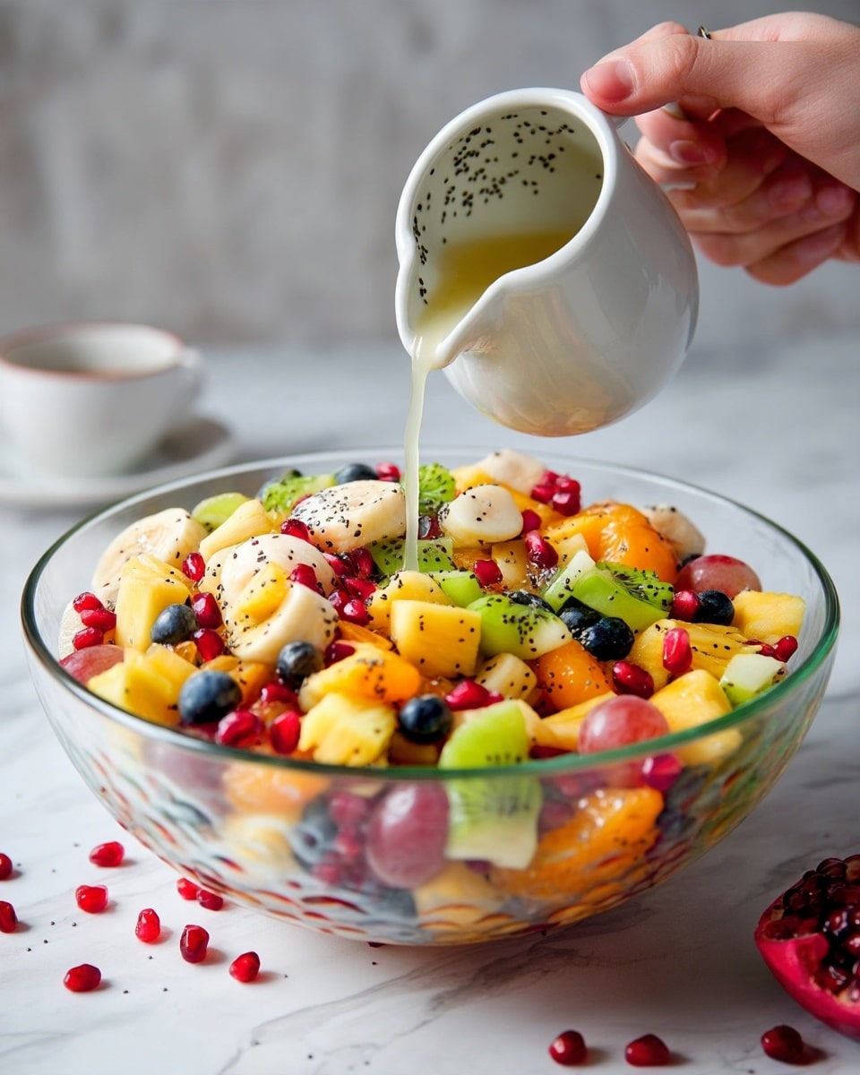A large clear glass bowl holds a colorful fruit salad with several layers of diced banana, green kiwi, red grapes, pineapple, blueberries, orange segments, and bright red pomegranate seeds. On top, black poppy seeds are sprinkled over the fruit. A woman's hand on the right side tilts a small white ceramic pitcher over the bowl, pouring a thin golden liquid onto the fruit. The bowl is placed on a white marbled surface with a few scattered pomegranate seeds around it. The background is softly blurred and a woman’s hand is steadying the pitcher. Photo taken with an iphone --ar 4:5 --v 7