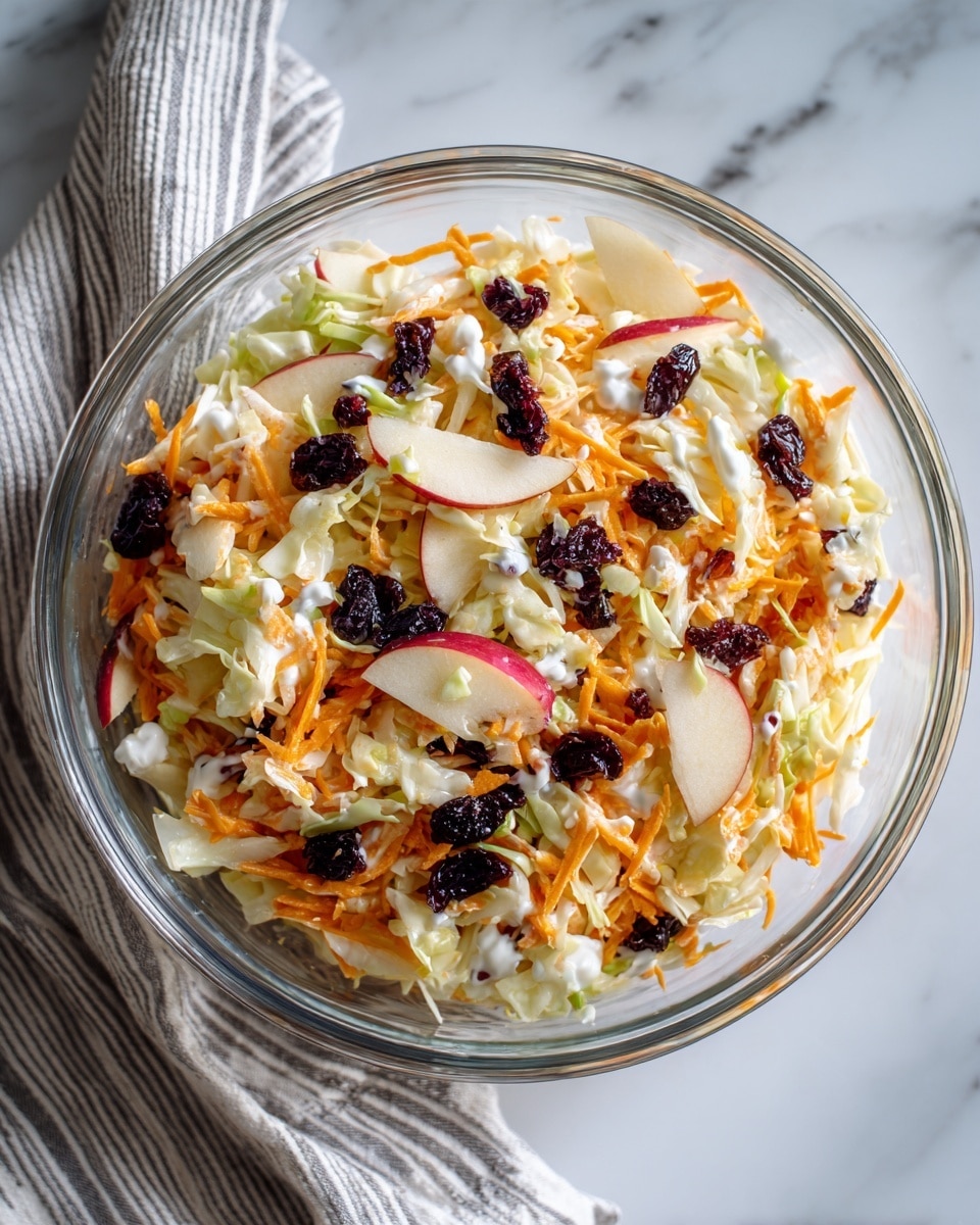 The image shows a clear glass bowl filled with a colorful mixture of salad layers. The bottom layer consists of thinly sliced light green and white cabbage mixed with shredded orange carrots, creating a light and fresh base with crunchy textures. Thin slices of red apple with white flesh are scattered evenly throughout the salad, adding a touch of bright color and softness. Dark dried berries are spread over the top, giving bursts of deep purple color and a chewy texture contrast. Small dollops of creamy white dressing are lightly spread across the salad, adding a smooth element that blends the ingredients together. The bowl is placed on a white marbled surface with a striped cloth nearby. photo taken with an iphone --ar 4:5 --v 7