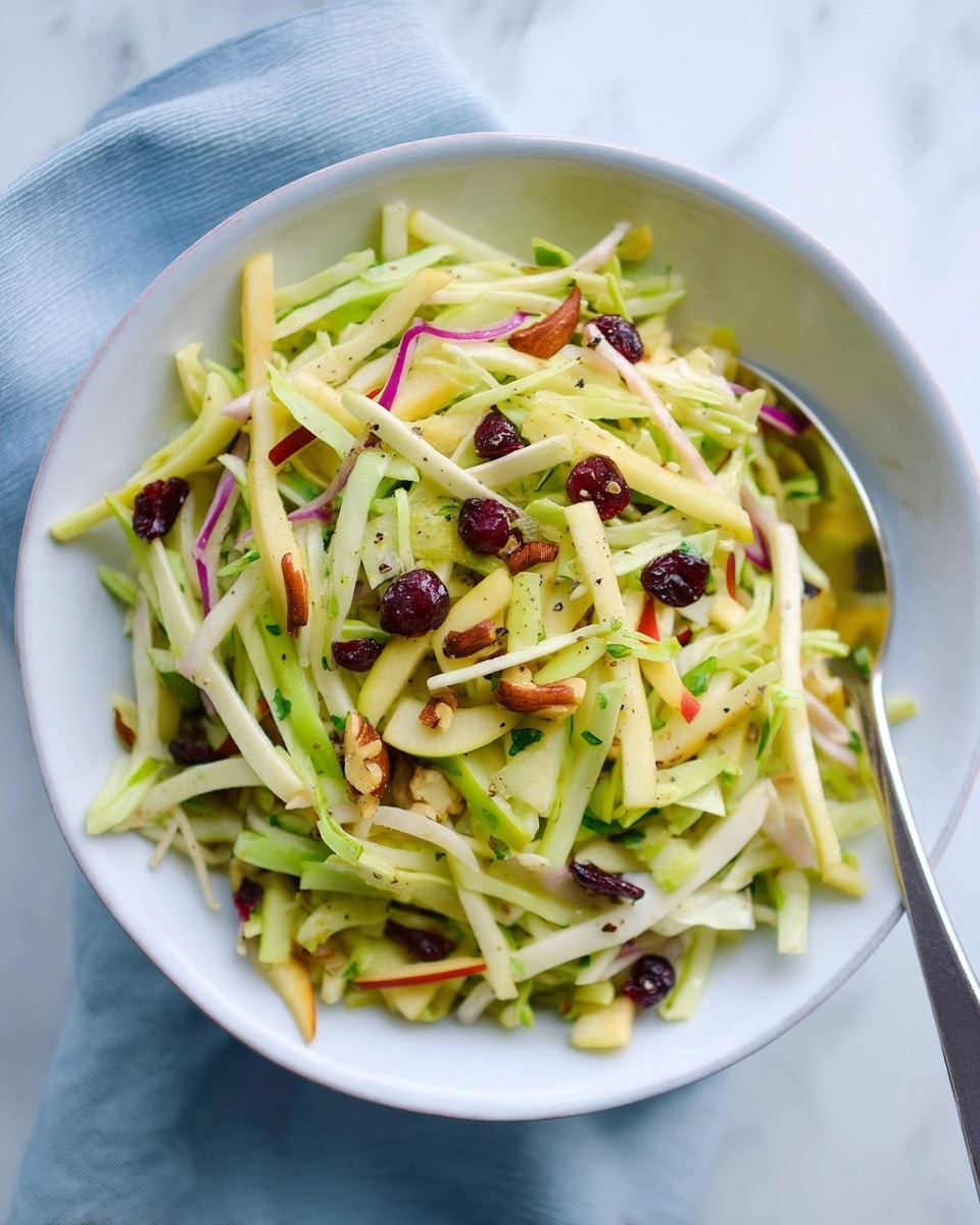 A white bowl filled with a colorful slaw made of thin, long layers of green cabbage, pale yellow apples, and purple cabbage, mixed with small dark red cranberries and scattered pieces of brown nuts. The slaw is sprinkled lightly with black pepper, and there is a silver spoon partially visible inside the bowl. The bowl rests on a light blue cloth, and the background is a white marbled texture. Photo taken with an iphone --ar 4:5 --v 7