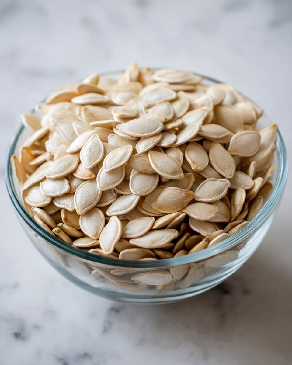 A clear glass bowl filled with a large pile of light beige pumpkin seeds, each seed smooth and oval-shaped with subtle ridges, layered closely together filling the bowl to the top, sitting on a white marbled surface. photo taken with an iphone --ar 4:5 --v 7