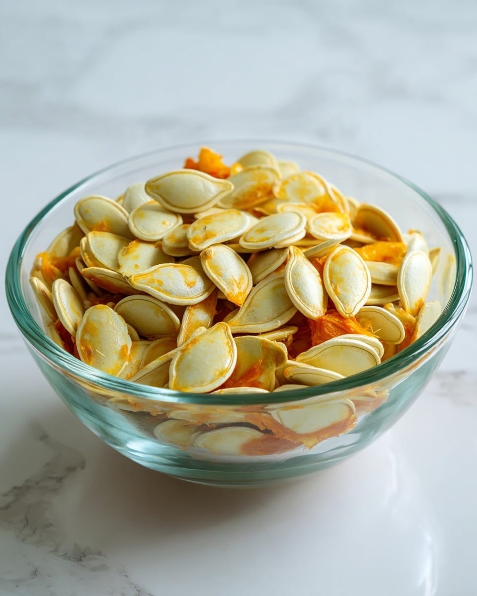 A clear glass bowl full of many pale yellow pumpkin seeds, some with bits of bright orange pumpkin flesh attached. The seeds are oval, flat, and piled loosely inside the bowl, showing their smooth texture and slight shine. The bowl sits on a white marbled surface with light reflections on the glass. photo taken with an iphone --ar 4:5 --v 7