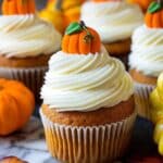 Pumpkin Cupcakes with Cream Cheese Frosting and Candy Pumpkin Garnish Recipe