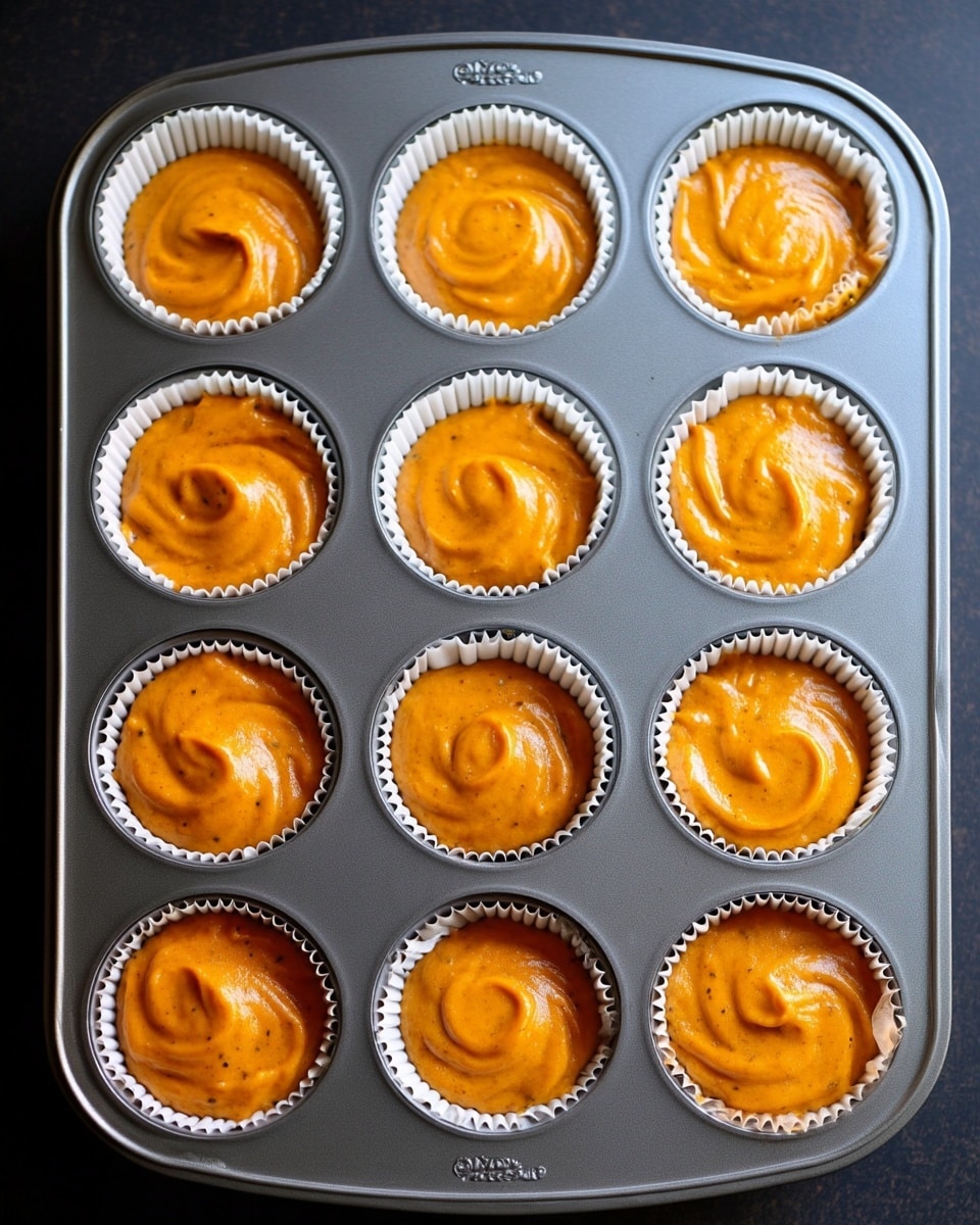 The image shows a metal muffin tray filled with nine white paper liners, each holding smooth, thick orange batter swirled gently on top. The muffin tray sits against a dark surface with no other objects in view. Each batter portion is evenly placed, with the orange color rich and uniform throughout, showing small specks that hint at spices inside. The tray has a slight sheen, reflecting light softly. The photo taken with an iphone --ar 4:5 --v 7