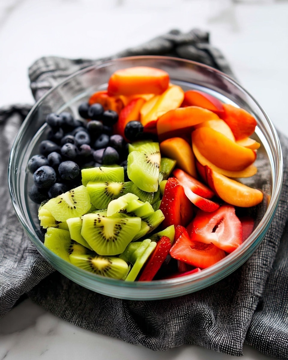 A clear glass bowl sits on a dark gray cloth on a white marbled surface, filled with four sections of fresh fruit. At the front, there are bright green slices of kiwi with small black seeds visible, cut into small thick pieces. To the right, there are red strawberry slices showing their juicy texture. Behind the strawberries, there are orange peach slices with smooth skin and soft flesh. On the left side, there is a cluster of dark blue blueberries, round and plump, creating a nice contrast with the other fruits. photo taken with an iphone --ar 4:5 --v 7