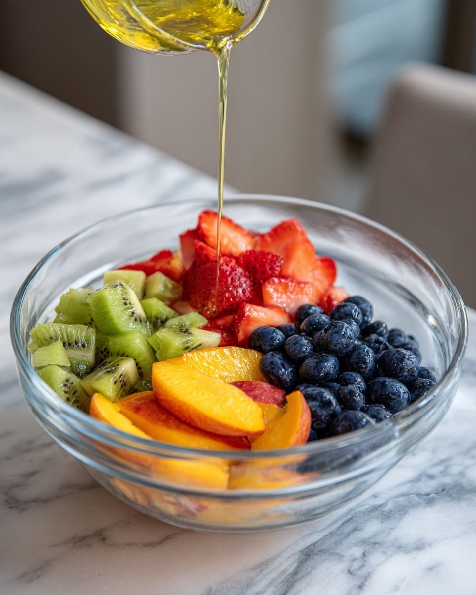 A clear glass bowl on a white marbled surface holds a colorful fruit mix arranged in sections. At the front, there are sliced strawberries with a bright red color and shiny texture. Next, sliced orange peaches with soft edges are stacked, showing their juicy inside. Behind them, pieces of fresh green kiwi with black seeds are placed. At the back, a pile of dark blue round blueberries completes the mix. A stream of light yellow liquid is being poured into the bowl from the top left by a woman's hand. The background is softly blurred with neutral gray tones. Photo taken with an iphone --ar 4:5 --v 7