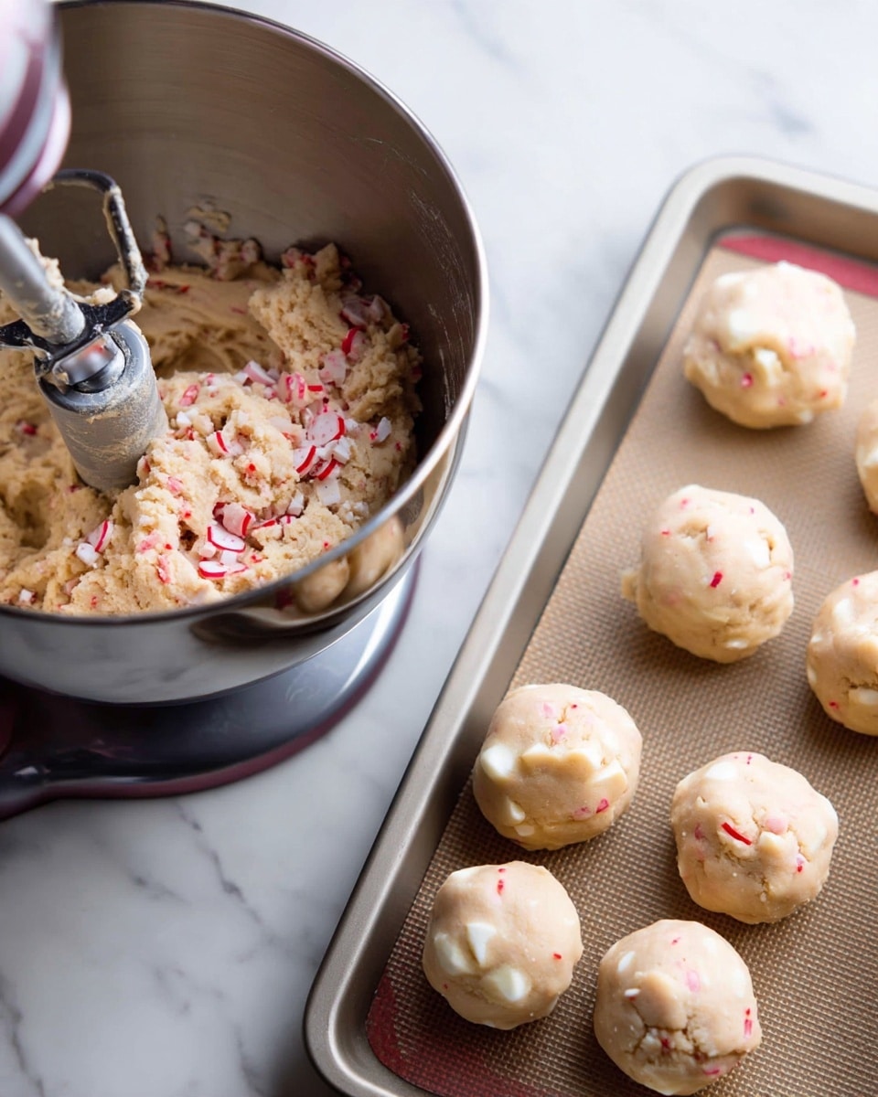 The image shows two parts: on the left, a mixing bowl filled with light beige dough that has small red and white pieces mixed inside, with a stand mixer slowly blending the dough. On the right side, there are round balls of the same dough placed close together on a baking mat, ready to be baked. The dough balls are smooth and have visible small bits of red and white throughout. The whole scene is set on a white marbled surface. photo taken with an iphone --ar 4:5 --v 7
