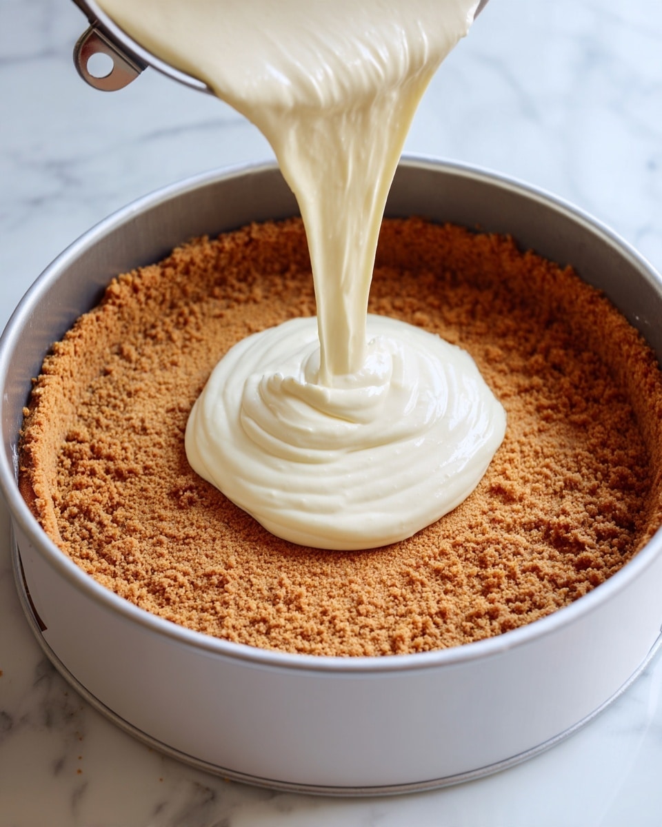 A close-up image shows a white springform pan lined with foil, sitting on a white marbled surface. Inside the pan, a thick, crumbly brown crust forms the bottom layer, evenly packed and smooth on top. A creamy, off-white cheesecake batter is being poured from a bowl into the center of the crust, flowing in a thick, smooth stream that spreads gently across the surface. The foil around the pan edges is crinkled, creating a shiny contrast with the matte crust and creamy batter. photo taken with an iphone --ar 4:5 --v 7