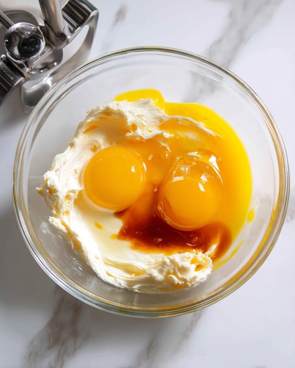 A clear glass bowl sits on a white marbled surface, partially filled with a light yellow creamy mixture around the edges. Inside the bowl, there is a glossy, bright yellow liquid and a darker amber liquid blending together near the center. Some of the creamy mixture clings to the side of the bowl, showing a soft and fluffy texture. The bottom left corner of the image shows part of a mixer with a metallic attachment. Photo taken with an iphone --ar 4:5 --v 7