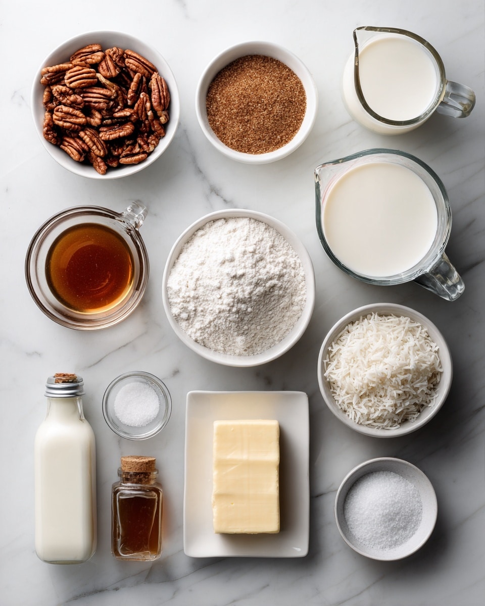 Top-down professional food photography flat lay style, bright white marble countertop, neatly arranged, evenly spaced, tidy, clean organized layout, include: bowl of pecans, bowl of sweetened shredded coconut, small bowl of sugar, small bowl of brown sugar, glass measuring cup of evaporated milk, glass measuring cup of light corn syrup, small plate of unsalted butter, small bottle of vanilla flavoring, small bowl of salt, bright soft natural lighting, sharp focus, high detail textures, realistic reflections, professional DSLR look, 4K, no finished dish, no cooked food, no hands, no text, no watermark, no brand logos --ar 4:5 --v 7