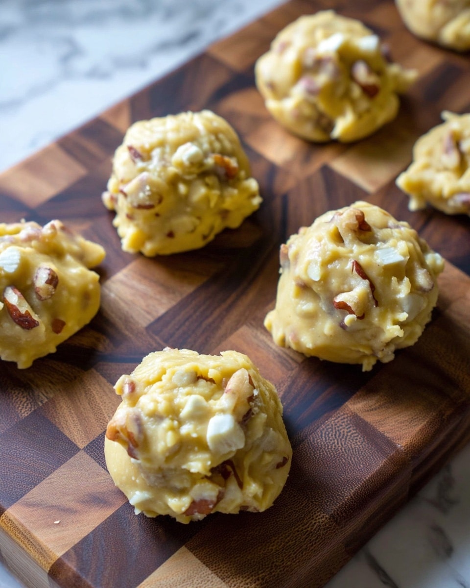 Several small, round cookie dough mounds are placed on a dark wooden board with a checkered pattern. Each cookie mound has a creamy pale yellow color with visible bits of chopped nuts and small white chunks mixed throughout. The texture looks soft with some unevenness from the nut pieces. The background is a white marbled texture. photo taken with an iphone --ar 4:5 --v 7