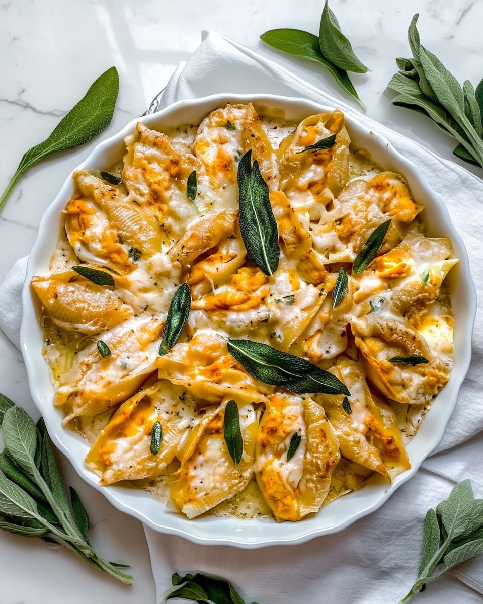 A white round dish filled with two layers of large pasta shells stuffed with orange filling, arranged in a circular pattern close together. The shells have a shiny, melted cheese topping with some patches of golden brown. Fresh deep green sage leaves are placed decoratively on top, contrasting with the creamy cheese and orange filling. The dish sits on a white marbled surface with scattered sage leaves around and a white cloth partially underneath. photo taken with an iphone --ar 4:5 --v 7