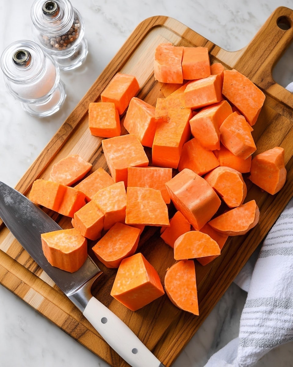 A wooden cutting board with many thick pieces of bright orange sweet potato spread on it. A large knife with a white handle lies on the left side of the board, with a piece of sweet potato resting on the blade. In the upper left corner, there are two clear salt and pepper shakers, and a white cloth with gray stripes is placed to the side. The surface underneath the board is white marbled texture. photo taken with an iphone --ar 4:5 --v 7