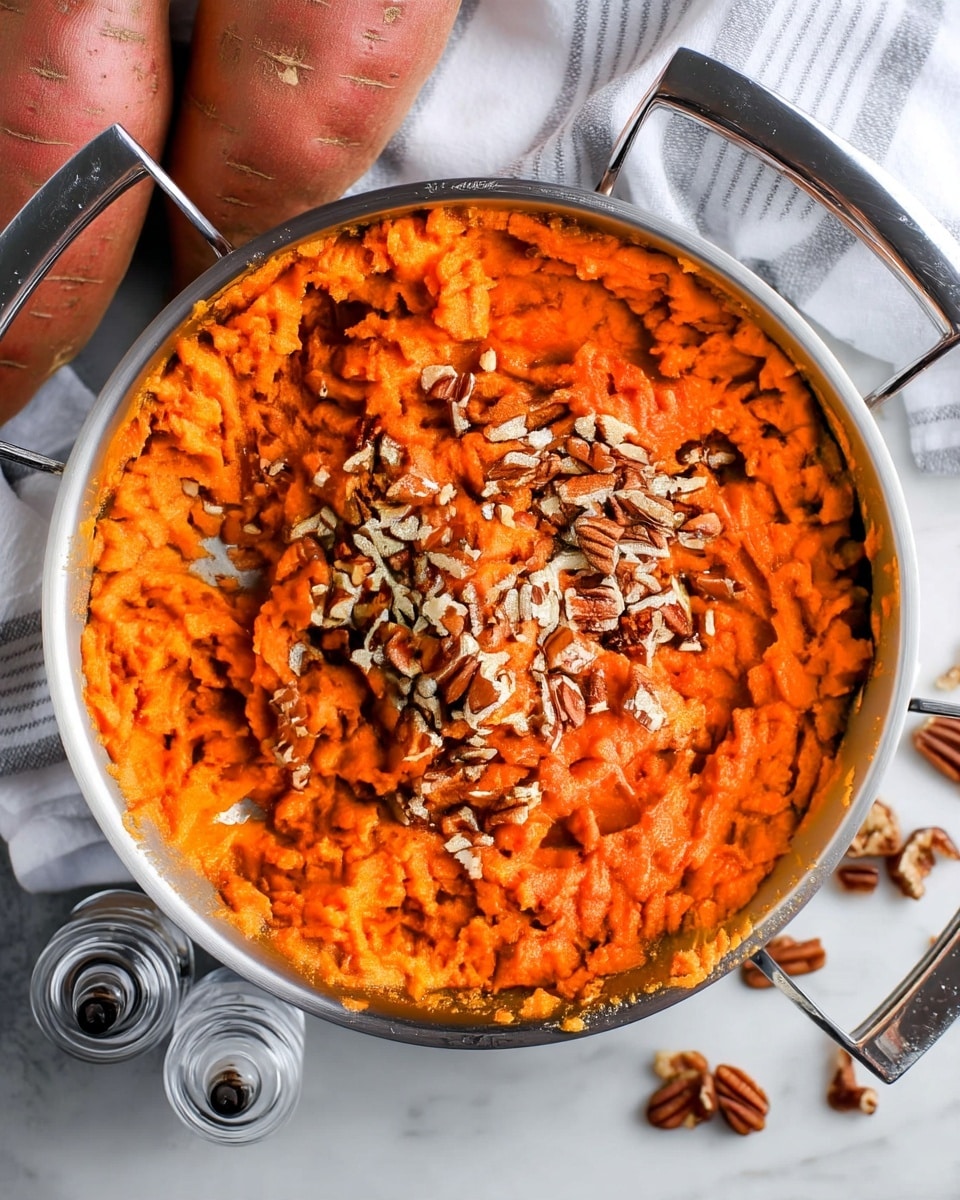 A large silver pan filled with bright orange mashed sweet potatoes that have a soft, slightly chunky texture. On top, there is a small pile of chopped pecans scattered over the middle. The pan sits on a white marbled surface with two whole sweet potatoes in the background and a striped cloth partially visible near the top left. Two clear glass shakers with silver tops are placed at the lower left corner of the frame, adding to the setting. photo taken with an iphone --ar 4:5 --v 7