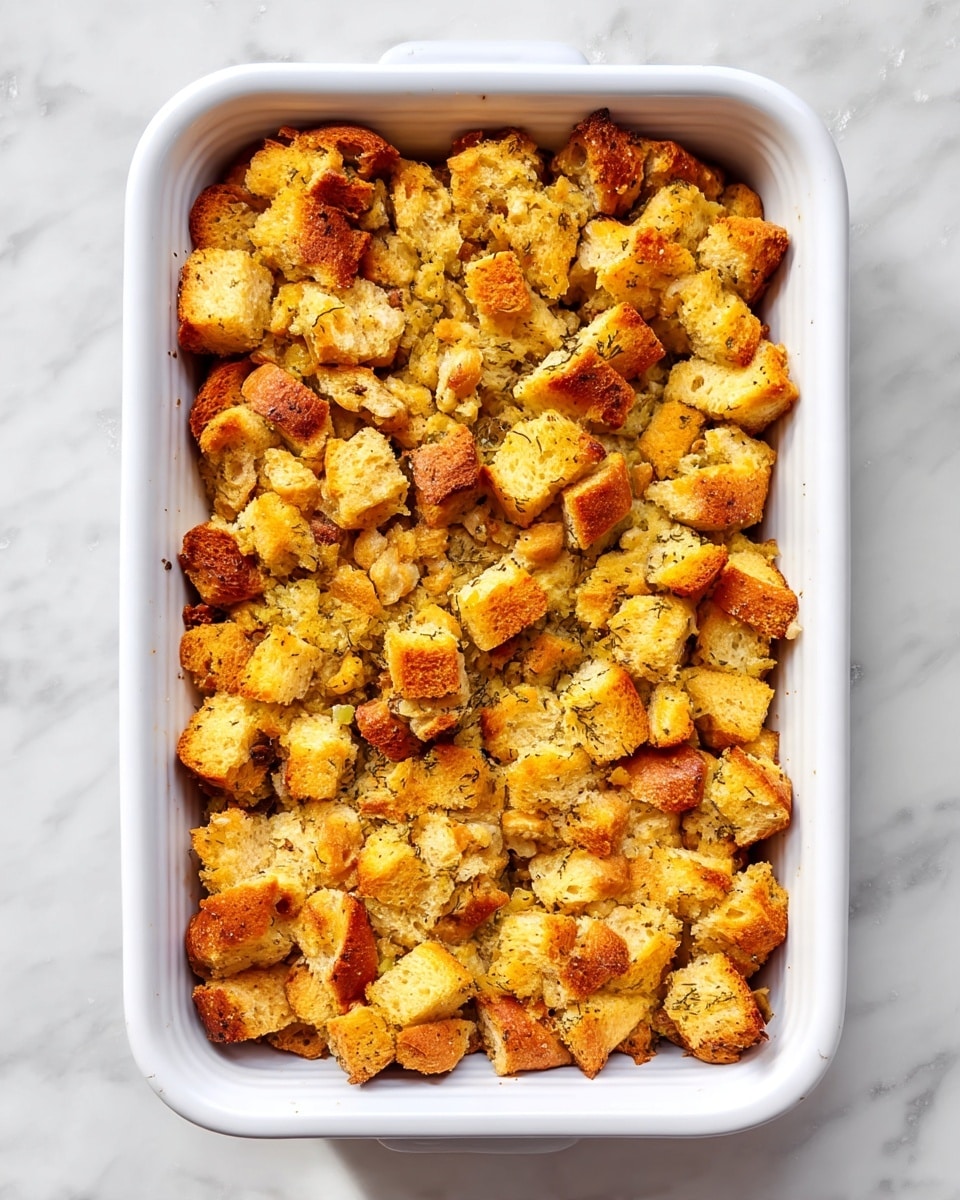 A rectangular white baking dish filled with a single thick layer of golden brown stuffing, made of rough bread chunks mixed with small bits of herbs and spices. The top layer has a crumbly texture with crispy brown edges and a soft, light yellow center, showing slight browning and toasted areas. The dish sits on a white marbled surface, giving a clean and simple look. photo taken with an iphone --ar 4:5 --v 7