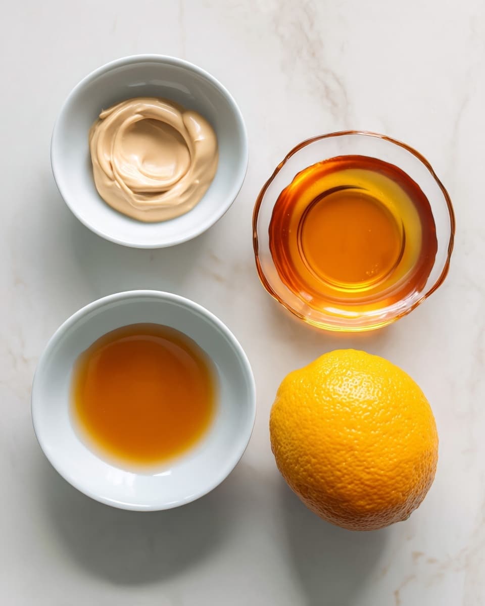 The image shows four white glass bowls on a white marbled surface. One bowl contains a dollop of beige creamy sauce with a smooth texture, placed on the left side. Another bowl below it has a small amount of light brown liquid, appearing thin and shiny. Towards the right, a larger bowl holds a golden amber liquid with a smooth surface, looking thick. Next to these bowls, there is a large bright orange lemon with a slightly rough texture, placed in the center right of the image. Photo taken with an iphone --ar 4:5 --v 7