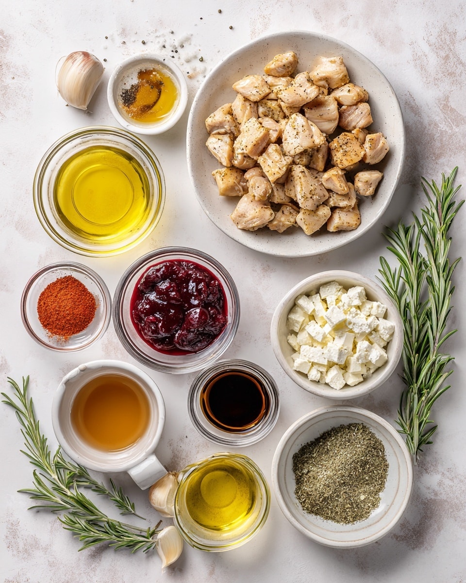 Top-down professional food photography flat lay style, bright white marble countertop, neatly arranged, evenly spaced, tidy, clean organized layout, include: small plate of prepared chicken pieces, small glass cup of extra virgin olive oil, small bowl of paprika, small bowl of garlic powder, small bowl of kosher salt, small bowl of black pepper, small bowl of whole berry cranberry sauce, small glass cup of honey, small glass cup of Dijon mustard, small glass cup of balsamic vinegar, glass measuring cup of chicken broth, small bowl of crumbled feta cheese, small bowl of finely chopped fresh rosemary, bright soft natural lighting, sharp focus, high detail textures, realistic reflections, professional DSLR look, 4K, no finished dish, no cooked food, no hands, no text, no watermark, no brand logos --ar 4:5 --v 7