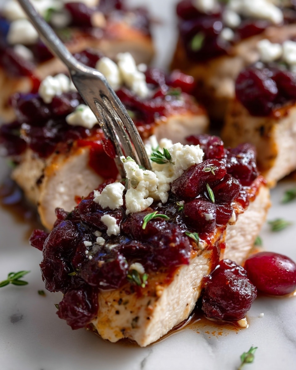 A close-up view of cooked sliced chicken layered with deep red cranberry sauce spread thick on top, sprinkled with crumbled white cheese and small green herb pieces, all arranged closely on a white marbled surface. A silver fork is holding up one piece of the chicken showing its light brown, juicy interior under the cranberry layer. Photo taken with an iphone --ar 4:5 --v 7
