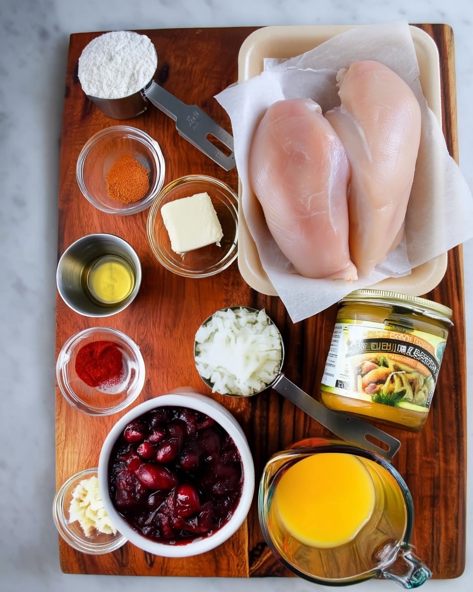 The image shows a wooden table with evenly spaced ingredients for cooking. At the top right, there are two raw chicken breasts on white paper inside a white tray. Below, a white bowl is filled with dark red whole cranberries. Next to it on the left, there is a small white bowl with finely chopped garlic, and above that, two small glass bowls contain red and orange powdered spices. To the far left, a white measuring cup holds white flour, below it is a small metal cup with a clear liquid, and above the cranberries is a small glass bowl with a square of butter. To the right of the cranberries, a metal measuring cup contains finely chopped white onions, and next to it is a jar with a yellow label. At the bottom right is a clear measuring glass filled with bright orange juice. The surface is a white marbled texture. Photo taken with an iphone --ar 4:5 --v 7