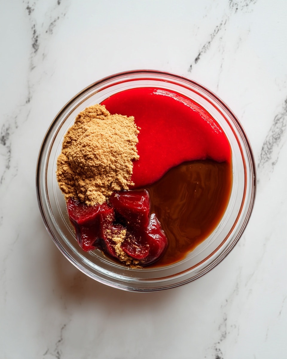 A clear glass bowl shows three main layers of sauce sitting on a white marbled surface. On the left side, there is a thick, dark red sauce with a rough texture and a spoonful of light brown powder on top. The middle layer is a smooth, bright red sauce with a thick, even texture. The right side has a darker brown sauce with a glossy look that partially blends into the red sauce next to it. The sauces create a colorful, rich contrast in the bowl. photo taken with an iphone --ar 4:5 --v 7
