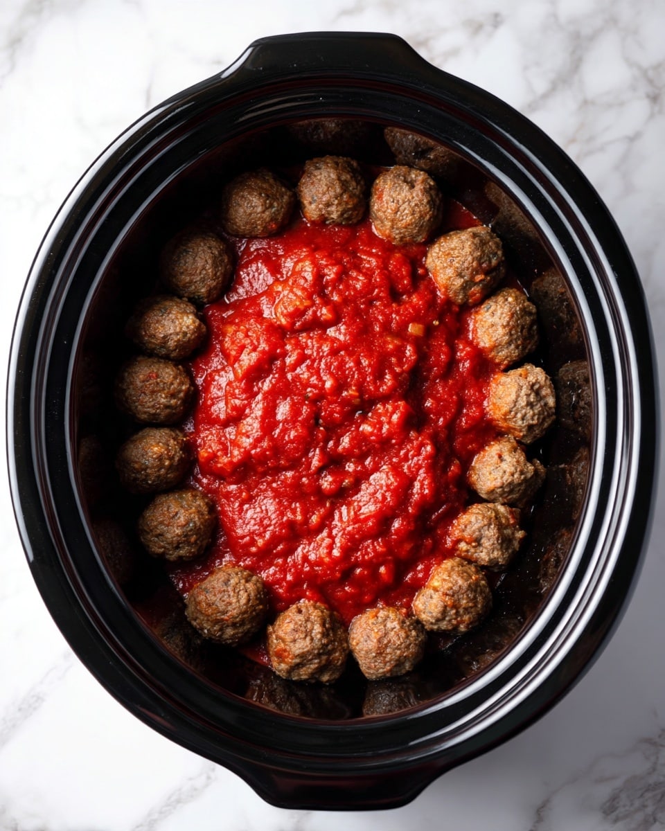 The image shows a black slow cooker filled with small round meatballs arranged in a single layer along the sides and bottom. On top of the meatballs, there is a thick layer of bright red tomato sauce with a chunky texture, covering the center fully and spilling slightly over some meatballs. The black slow cooker contrasts with the white marbled surface underneath, creating a clean, simple background. A woman's hand is not visible in the image. Photo taken with an iphone --ar 4:5 --v 7