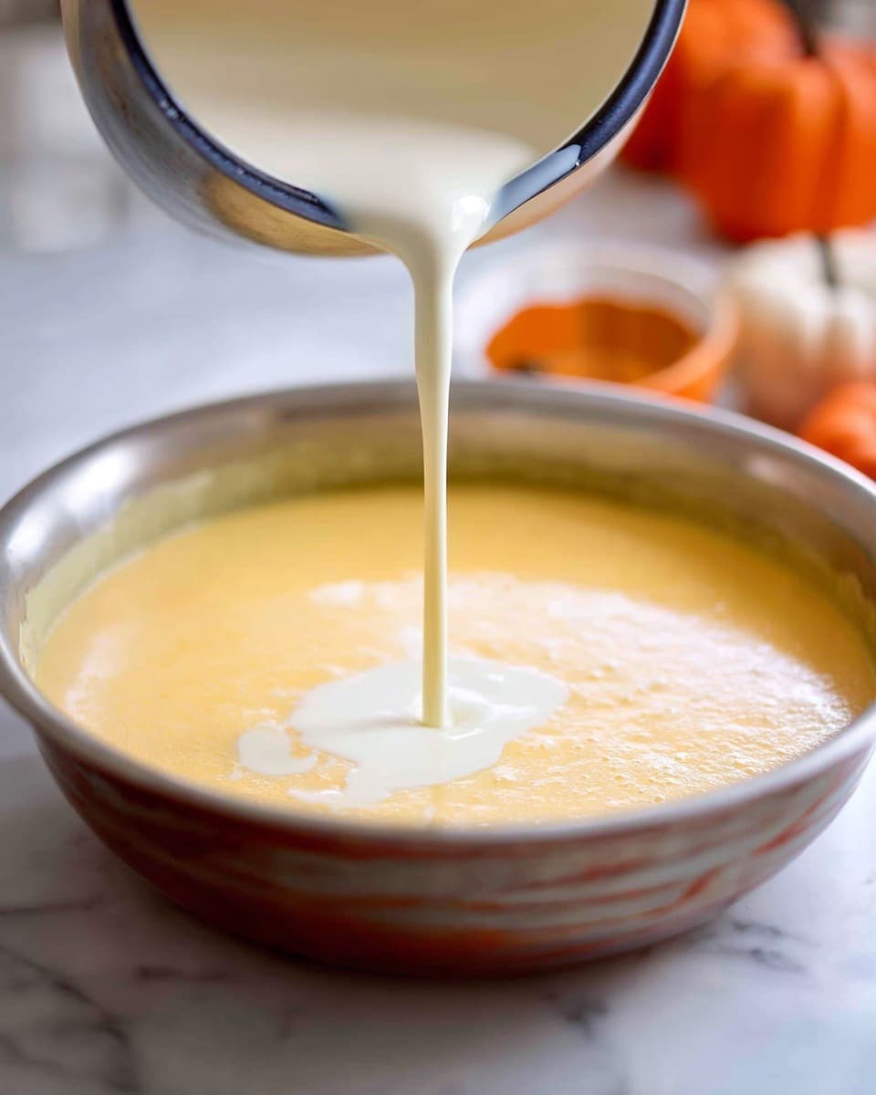 A close-up shot of a creamy white liquid being poured from a metal bowl into a larger metal pot containing a golden yellow mixture. The white liquid flows smoothly in a thin stream, mixing gently with the yellow base below. In the blurred background, there are hints of orange and white colors. The whole scene sits on a white marbled surface. photo taken with an iphone --ar 4:5 --v 7