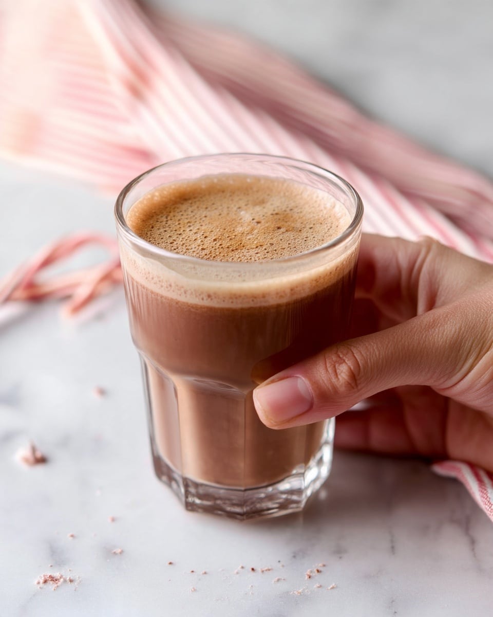 The image shows a clear glass filled with a light brown drink that has a smooth frothy layer on top. The glass sits on a white marbled surface with small crumbs scattered around. In the background, there is a soft pink and white striped cloth that is slightly blurred, adding a cozy feel to the scene. A woman's hand holds the glass gently from the side. photo taken with an iphone --ar 4:5 --v 7