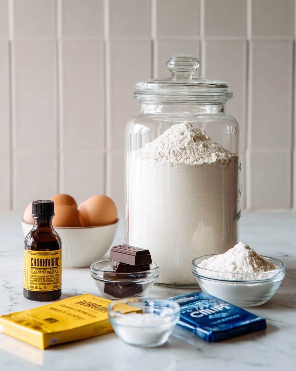 The image shows a white marbled surface with baking ingredients neatly arranged. In the center back, there is a large clear glass jar filled with white flour and topped with a glass lid. To the left of the jar, there are two brown eggs placed side by side. Near the eggs, there is a small amber bottle with a black cap labeled vanilla extract. In the front left, there are two yellow packages of Ghirardelli semi-sweet chocolate bars. On the right side, there is a single blue package of Ghirardelli milk chocolate chips. Near the center, slightly in front of the jar, are two small clear glass bowls; one filled with a white powder, likely baking soda, and the other with a white granular substance, likely salt, in a small white bowl with a round shape. The setting uses neutral white tiled walls in the background. photo taken with an iphone --ar 4:5 --v 7
