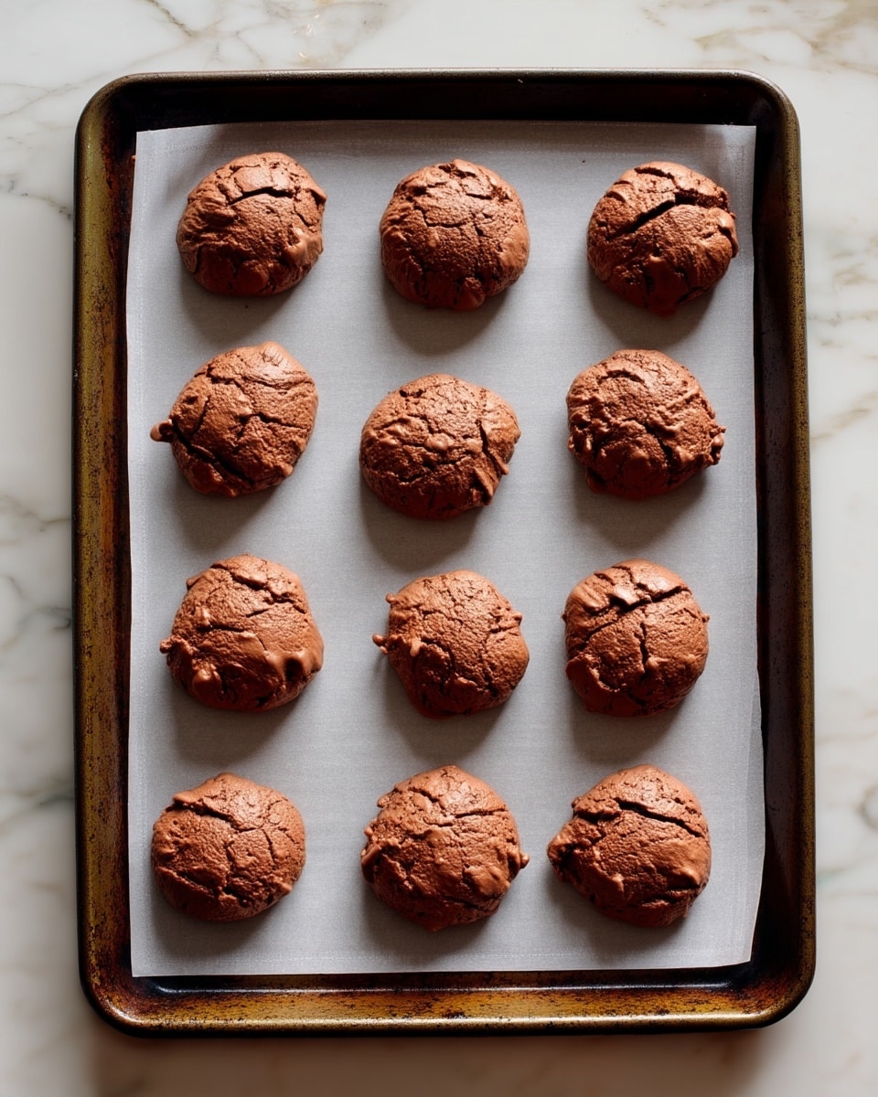 The image shows twelve round, rough-textured chocolate cookie dough pieces arranged in three rows of four on a sheet of white parchment paper, placed on a dark, slightly rusty baking tray. Each cookie dough ball is slightly cracked on top with a rich brown color and uneven, chunky surfaces. The tray is set on a white marbled surface, giving a clean and simple background. photo taken with an iphone --ar 4:5 --v 7