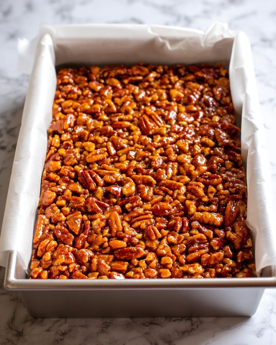 The image shows a single thick layer of sticky pecan bars in a baking tray lined with white parchment paper. The top layer is full of whole and chopped pecans, with a shiny, caramel-like coating giving it a rich, golden-brown color. The texture looks crunchy from the pecans, while the coating appears smooth and glossy, spreading evenly across the entire surface. The tray sits on a white marbled surface, and the photo is taken with an iphone --ar 4:5 --v 7
