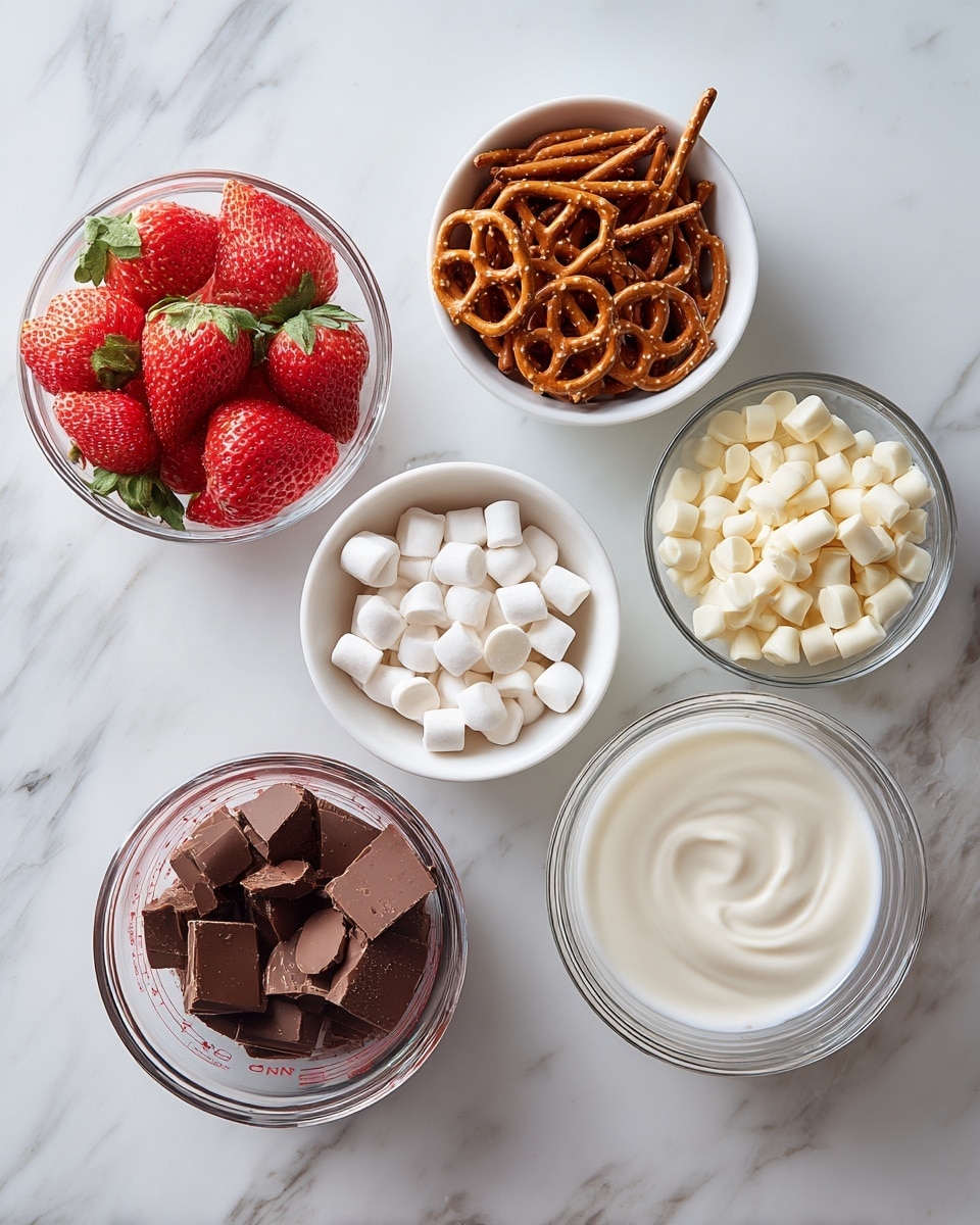 Top-down professional food photography flat lay style, bright white marble countertop, neatly arranged, evenly spaced, tidy, clean organized layout, include: bowl of fresh strawberries, small bowl of broken pretzel sticks, small bowl of halved mini marshmallows, glass measuring cup of melted milk chocolate chips, glass measuring cup of melted white chocolate chips, bright soft natural lighting, sharp focus, high detail textures, realistic reflections, professional DSLR look, 4K, no finished dish, no cooked food, no hands, no text, no watermark, no brand logos --ar 4:5 --v 7