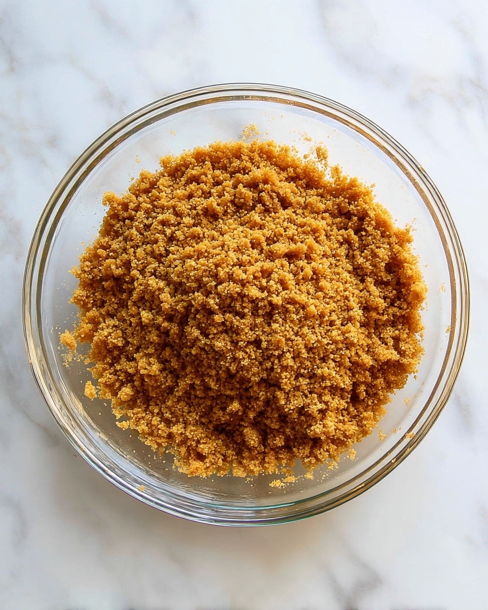 A clear glass bowl filled with a single layer of fine, crumbly brown sugar mixture that has a slightly coarse texture and a warm golden brown color. The mixture covers the bottom of the bowl and is unevenly spread with small clumps and crumbs scattered on the sides. The bowl is placed on a white marbled surface. photo taken with an iphone --ar 4:5 --v 7