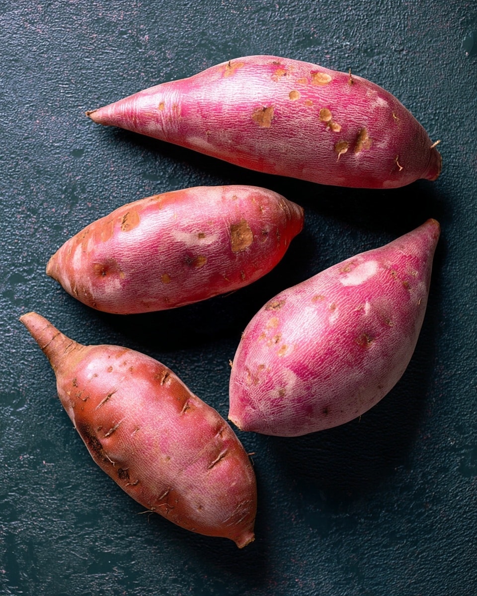 Four raw sweet potatoes with reddish-purple skin lay scattered on a dark textured surface. Each potato has a slightly different shape, with some more elongated and others rounder, showing natural skin imperfections and small patches of light brown spots. The surface underneath is rough and deep dark gray, contrasting with the smooth, matte texture of the sweet potatoes' skin. photo taken with an iphone --ar 4:5 --v 7