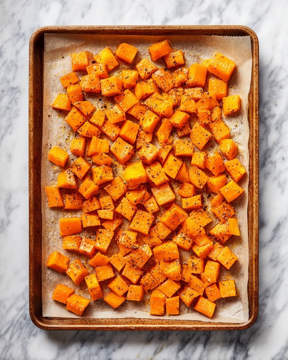 The image shows a single layer of cubed orange butternut squash spread evenly on a baking tray lined with light brown parchment paper. The cubes are coated with a shiny layer of oil and sprinkled with dark brown seasoning, giving a slightly glossy and textured look. The tray is placed on a white marbled surface that contrasts with the bright orange color of the squash pieces. photo taken with an iphone --ar 4:5 --v 7
