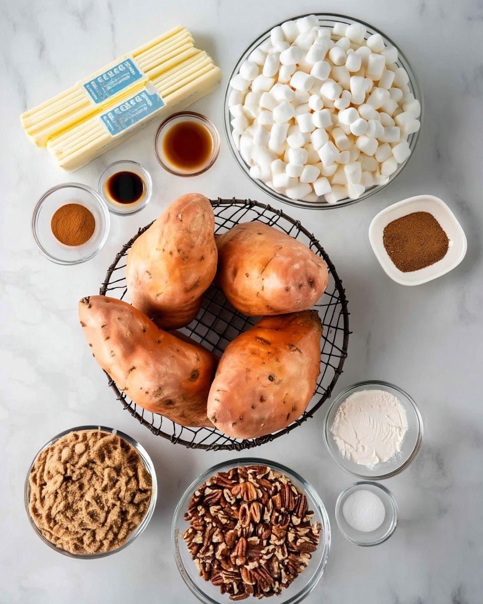 The image shows a white marbled surface with a round wire basket holding four large, orange sweet potatoes at the center. Surrounding the basket are clear glass bowls filled with different ingredients: a large bowl of small white marshmallows on the top right, a smaller bowl of light brown sugar on the bottom left, and a bowl of chopped pecans on the bottom center. There is also a clear small bowl of white flour and a tiny bowl of white salt on the right side. Two sticks of yellow butter wrapped in paper with blue text are placed at the top left, alongside a small clear bowl of dark vanilla extract and a clear bowl of reddish-brown cinnamon powder. A small square white bowl filled with a light brown spice, likely nutmeg, is on the top right. All items are neatly arranged and the light source comes from above. Photo taken with an iphone --ar 4:5 --v 7