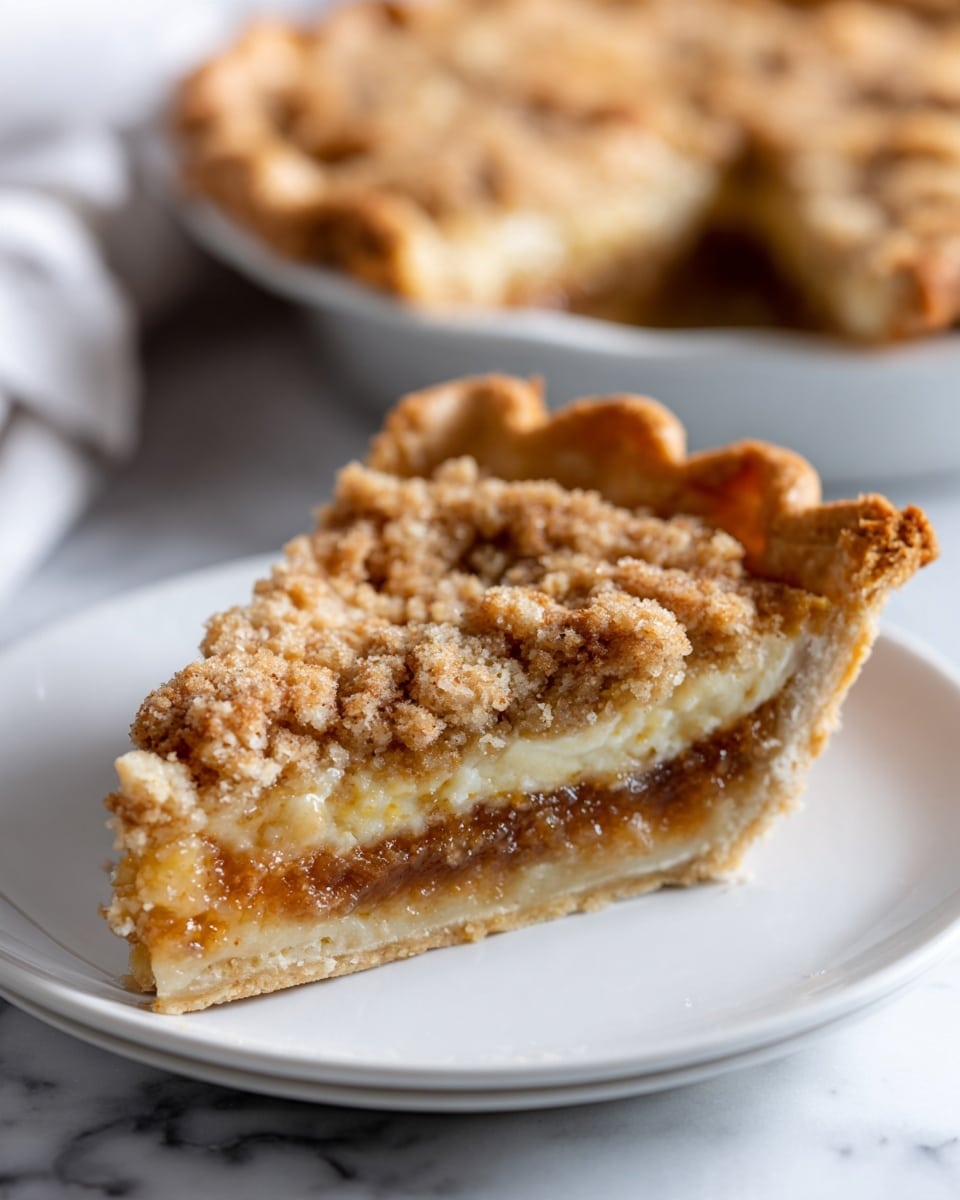A single slice of pie is shown on a white plate placed on a white marbled surface. The pie has three visible layers: a light golden brown crust at the bottom that looks firm and slightly thick, a middle filling layer that is darker brown with visible soft pieces inside, and a crumbly topping that is pale beige with a coarse texture, spread evenly across the slice. The edges of the crust are slightly raised and browned, giving a homemade look. In the background, the rest of the pie with one slice missing is slightly blurred but visible. Photo taken with an iphone --ar 4:5 --v 7