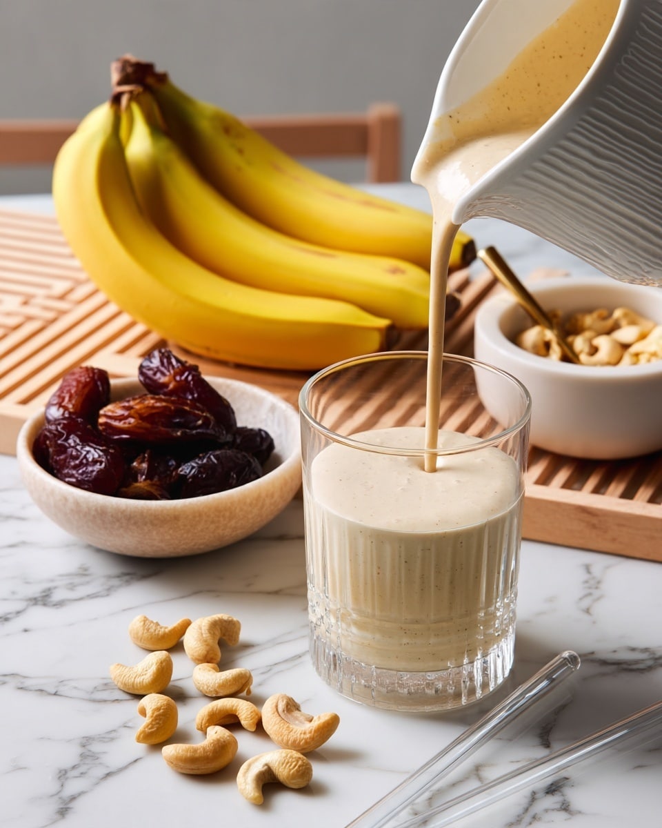 A close-up view of a clear glass filled with a creamy beige smoothie, being poured from a white pitcher with a textured surface, showing a smooth, thick flow. Below and around the glass, there are three yellow bananas assembled in a bunch on a white marbled texture surface with black veins. To the left, a white bowl contains dark brown dates, and behind it, a larger white bowl holds light beige cashews on a wooden board with narrow wooden slats. A small white mortar with a matching pestle and a gold spoon inside is placed near the bowls. Two clear straws are lying on the marbled surface near the smoothie glass. Photo taken with an iphone --ar 4:5 --v 7