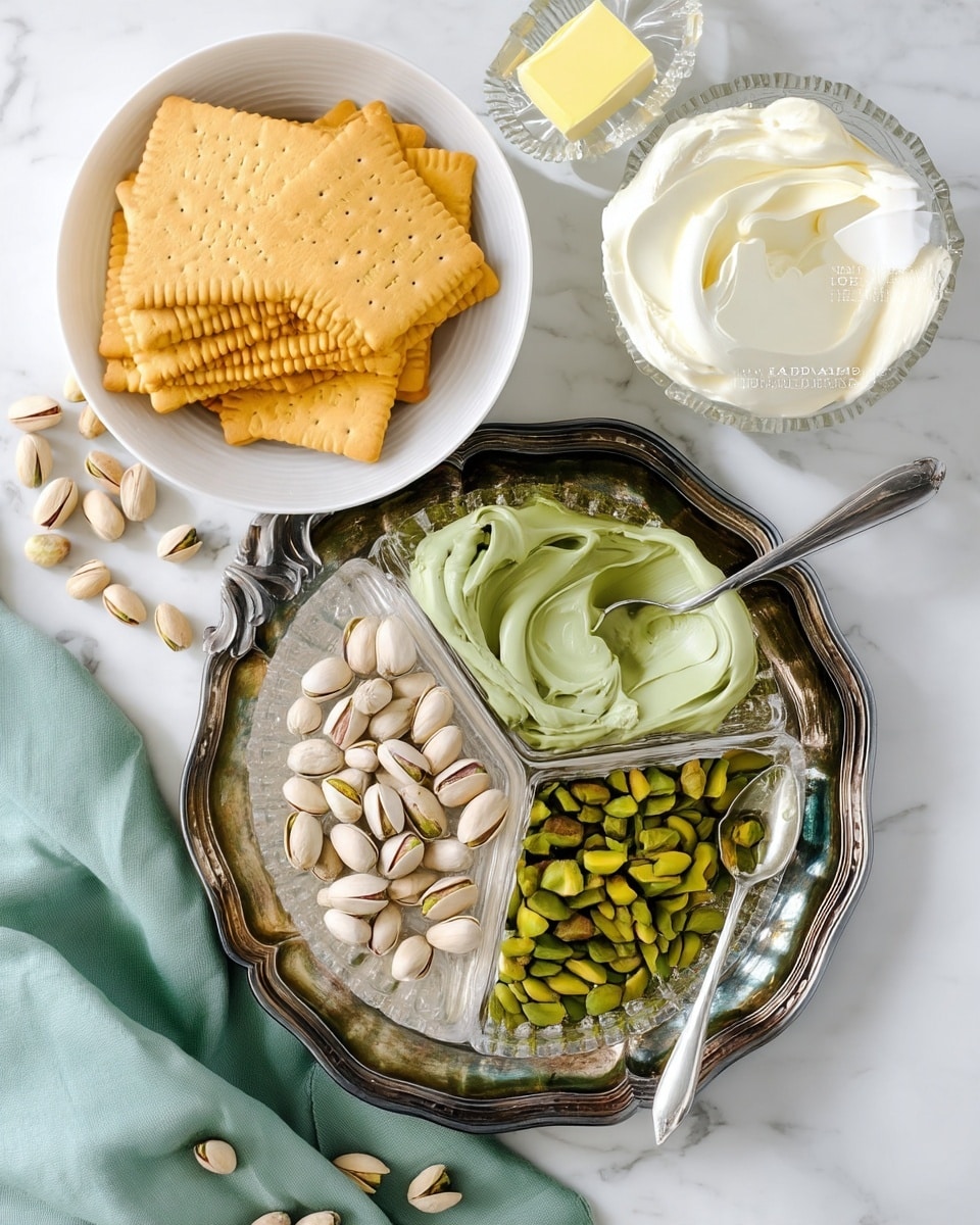 A divided silver tray with three sections holds ingredients: the top right section is filled with a smooth, thick green paste with a silver spoon resting in it, the bottom section shows a pile of green pistachio nuts, and the left section contains a heap of white powder. Nearby, on a white marbled surface, there is a white bowl filled with yellow rectangular crackers arranged neatly, a glass dish with a small block of butter, some loose pistachio nuts, a folded green cloth, and a glass bowl with soft white cream. The scene has a clean and organized look with a white marbled texture background photo taken with an iphone --ar 4:5 --v 7