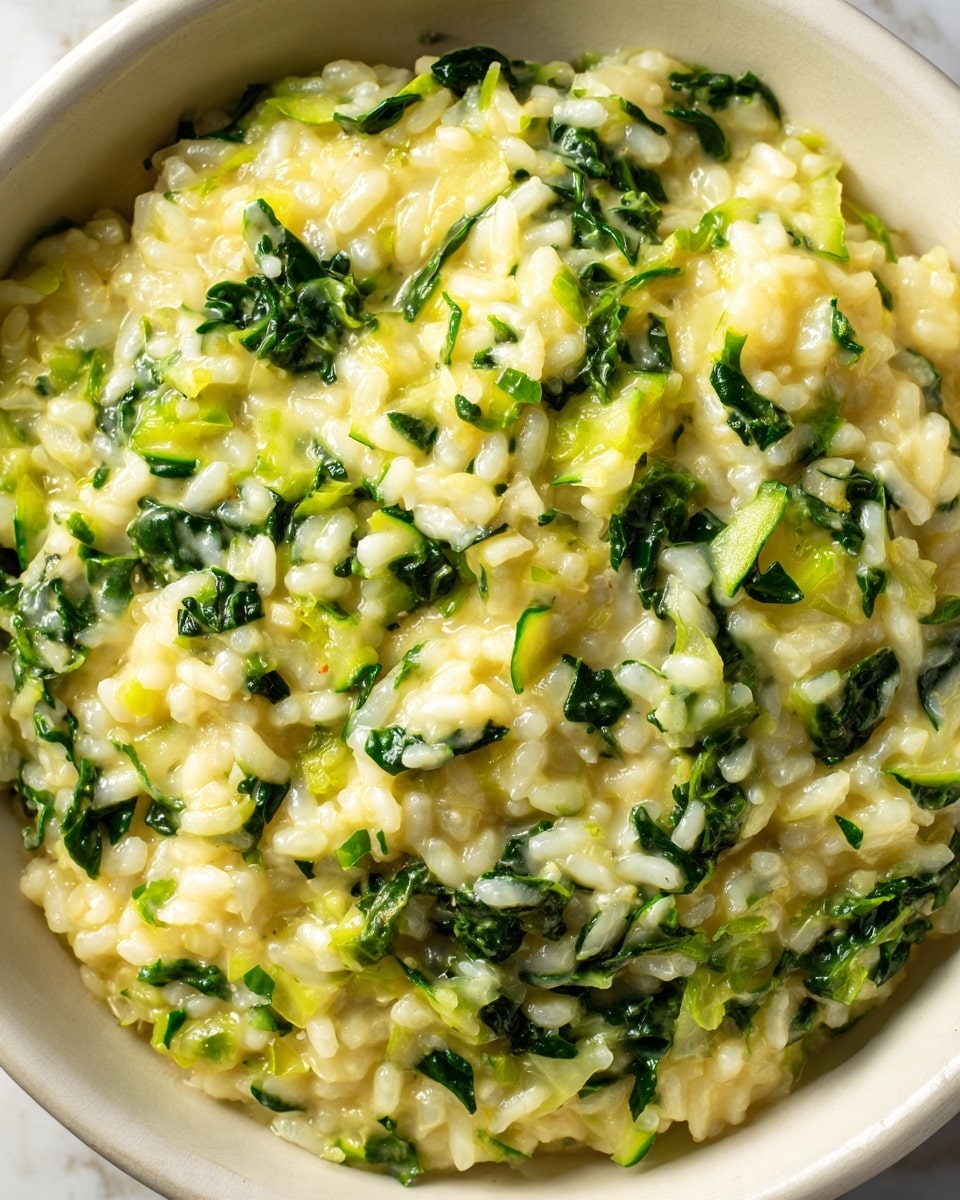 This close-up image shows a creamy risotto with a soft texture made of cooked rice in a light yellow sauce mixed with pieces of bright green leafy vegetables and small chunks of a lighter green vegetable, all blended together smoothly. The creamy rice grains and the greens are evenly spread, giving a rich, slightly glossy look with green bits scattered throughout. The surface under the dish is a white marbled texture. photo taken with an iphone --ar 4:5 --v 7