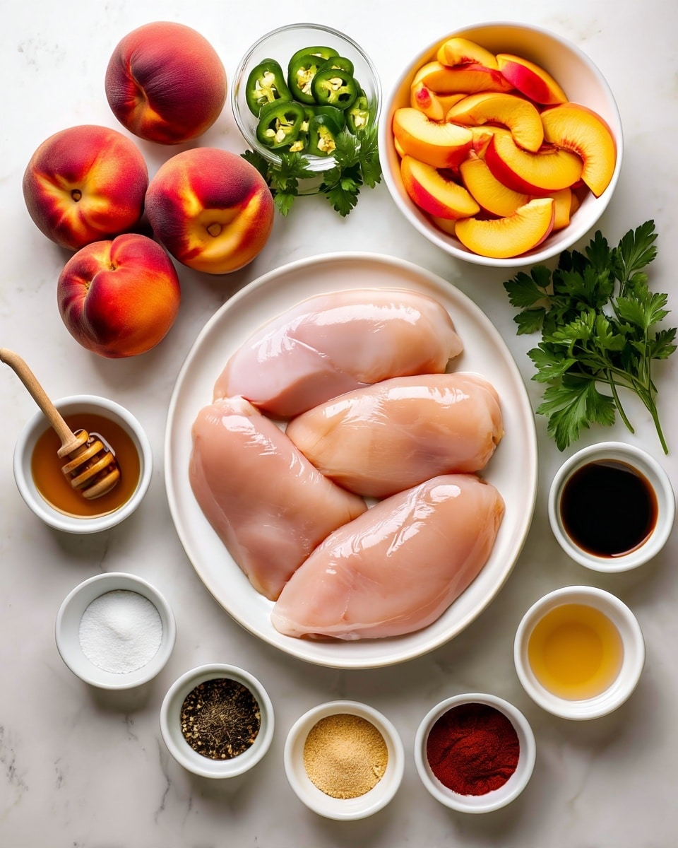 The image shows four raw, smooth, and shiny chicken pieces arranged on a white plate in the center. Surrounding the plate are small white bowls and dishes holding various bright and colorful ingredients: sliced yellow-orange peaches with red edges, deep green jalapeño slices, white minced garlic, golden honey with a wooden dipper, light olive oil, dark soy sauce, fresh green parsley sprigs, coarse salt, black pepper, paprika, garlic powder, and cornstarch. Two whole fresh peaches with reddish-orange skin rest at the top left. All ingredients are set on a white marbled surface, creating a clean and bright background. photo taken with an iphone --ar 4:5 --v 7
