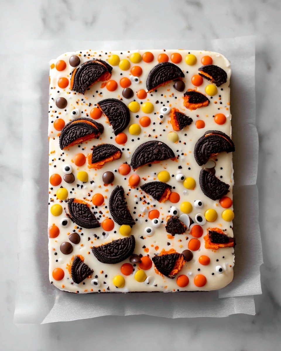 A rectangular white layer of creamy white fudge sits on a sheet of parchment paper, covering the base evenly. Scattered on top are broken pieces of black cookies with bright orange cream, adding contrast and texture. Bright orange, yellow, and brown candy-coated chocolates are spread across the white fudge, along with small white candy eye decorations. Tiny black and orange sprinkles are scattered all over, adding a festive look. The setting is on a white marbled surface. photo taken with an iphone --ar 4:5 --v 7