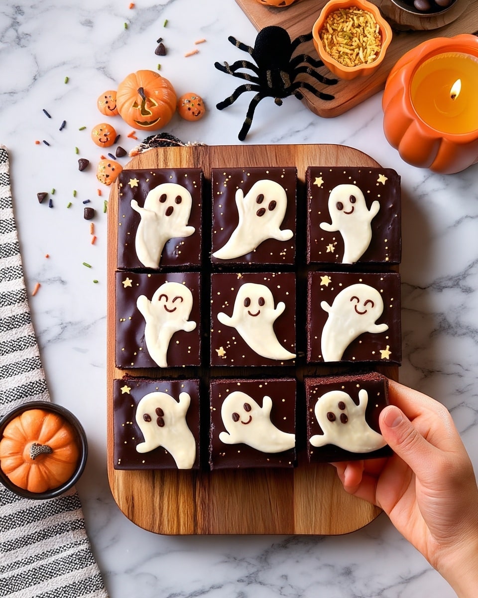 A square wooden board holds nine dark chocolate brownies, each topped with a smooth white ghost shape with smiling or surprised faces made from small dark dots. The brownies are arranged in a 3x3 grid, and tiny yellow star shapes are scattered on the dark chocolate surface around the ghosts. A woman's hand is lifting the brownie in the top right corner. Nearby, there is a white marbled surface with Halloween-themed items, including a black spider, small orange pumpkin-shaped bowls filled with orange and yellow sprinkles, and an orange pumpkin-shaped candle with a flame. photo taken with an iphone --ar 4:5 --v 7