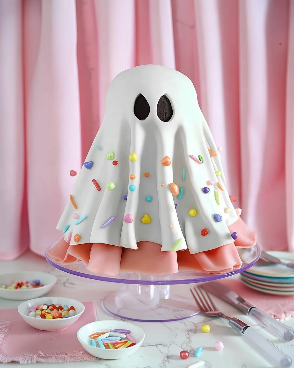 This image shows a ghost-shaped cake covered with smooth white fondant draped like a cloth, with two large black oval eyes near the top. The white layer has small, colorful candy sprinkles of different shapes like dots, sticks, and hearts scattered all over, in colors like orange, blue, green, yellow, pink, and purple. Underneath, there is a ruffled pink fondant layer peeking out at the bottom edge. The cake sits on a clear transparent stand placed on a white marbled surface, surrounded by small white bowls filled with more colorful sprinkles. In the background, soft pink curtains add a gentle touch. photo taken with an iphone --ar 4:5 --v 7